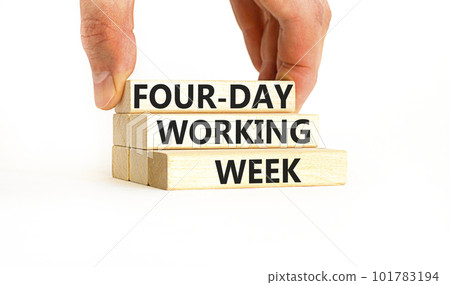 Four-day working week symbol. Concept words Four-day working week on wooden block on a beautiful white table white background. Businessman hand. Business four-day working week concept. Copy space. 101783194