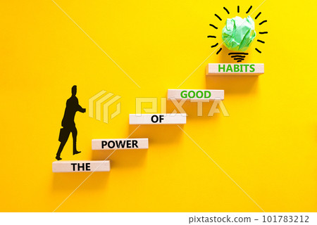 The power of good habits symbol. Concept words The power of good habits on wooden block. Beautiful yellow table yellow background. Businessman icon. Business power of good habits concept. Copy space. The power of good habits symbol. Concept words The power of good habits on wooden block. Beautiful yellow table yellow background. Businessman icon. Business power of good habits concept. Copy space. 101783212