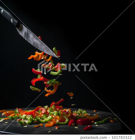 Appetizing green and red pieces of sweet paprika peppers in the air on a black background, a beautiful creative food background for advertising vegetables on the package, Appetizing green and red pieces of sweet paprika peppers in the air on a black background, a beautiful creative food background for advertising vegetables on the package, 101783322
