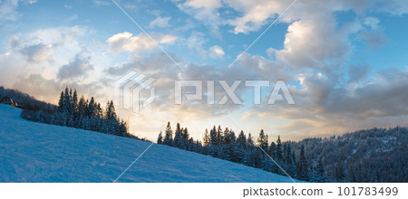 Evening sky with yellow clouds over winter Ukrainian Carpathian Mountains. Evening sky with yellow clouds over winter Ukrainian Carpathian Mountains. 101783499