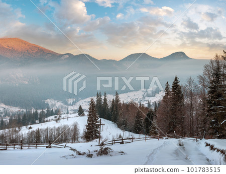 Sunrise winter Carpathian mountain village, Ukraine Sunrise winter Carpathian mountain village, Ukraine 101783515