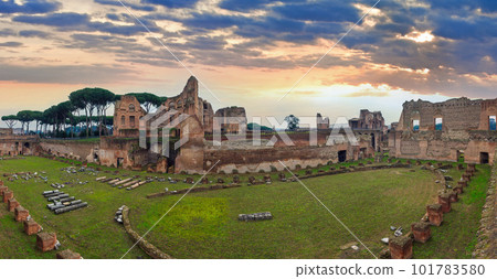 Ruins of Hippodrome Stadium of Domitian at Palatine Hill in Rome, Italy. People are unrecognizable. Ruins of Hippodrome Stadium of Domitian at Palatine Hill in Rome, Italy. People are unrecognizable. 101783580