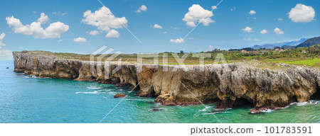 Guadamia beach (or Aguamia) rocky coast summer scenery. Asturias, Spain. 101783591