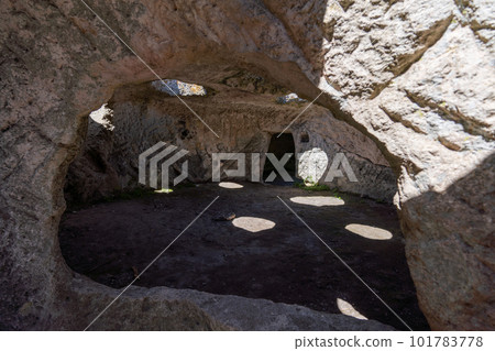 Ancient cave city. Inside the cave, view from the window. 101783778