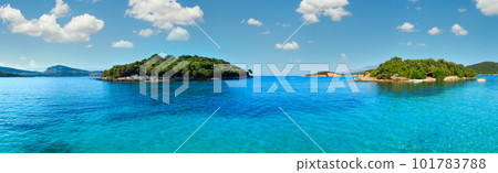 Beautiful Ionian Sea with clear turquoise water and morning summer coast. View from Ksamil beach, Albania. 101783788