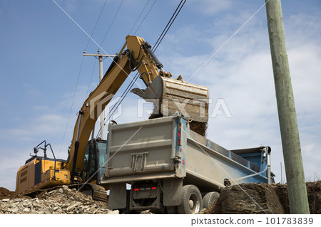 excavator loading dump truck construction site hydraulic shovel heavy lorry excavator loading dump truck construction site hydraulic shovel heavy lorry 101783839