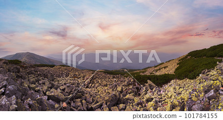 Dusk mountain stony panorama, Gorgany region of Carpathian mountains, Ukraine. Dusk mountain stony panorama, Gorgany region of Carpathian mountains, Ukraine. 101784155