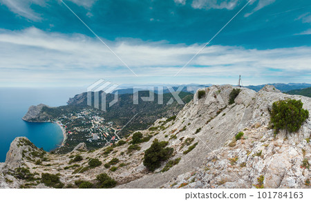 Sokol rock top and coastline of Novyj Svit reserve, Crimea, Ukraine. 101784163