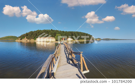 Wooden ruined bridge to isolated Monastery of Saint Mary on Zvernec island (Narta Lagoon, Vlore, Albania). 101784200