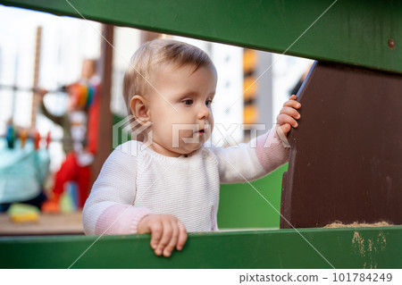 Portrait of an adorable little girl playing on the playground 101784249