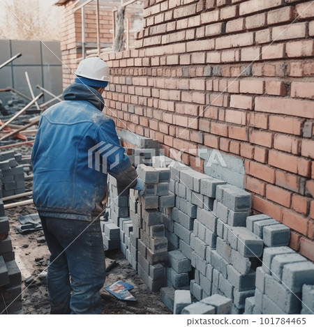 A working bricklayer lays out bricks, stands a wall, a man builds a house 101784465