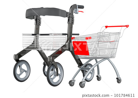 Rollator for elderly with shopping cart, 3D rendering Rollator for elderly with shopping cart, 3D rendering 101784611