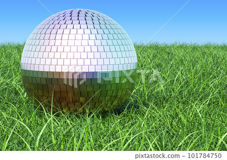 Mirror disco ball on the green grass against blue sky, 3D rendering 101784750