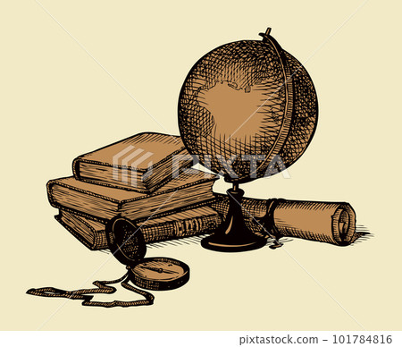 Vector still life: a globe, books, map and compass Vector still life: a globe, books, map and compass 101784816