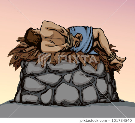 Man With hands tied on altar. Vector drawing Man With hands tied on altar. Vector drawing 101784840