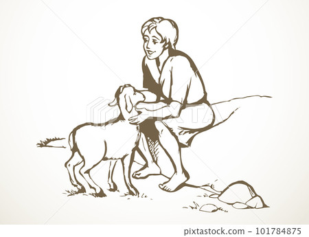 Shepherd with sheep. Vector drawing Shepherd with sheep. Vector drawing 101784875