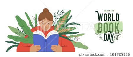 World book day girl reading book green plant leaf card illustration World book day girl reading book green plant leaf card illustration 101785196