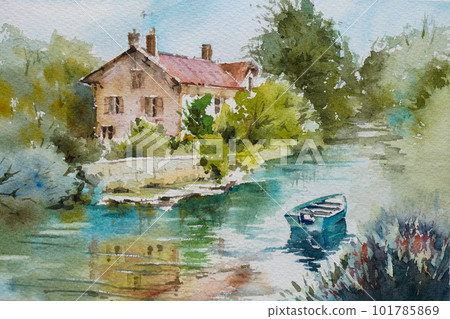 Small town in France Watercolor painting Landscape painting 101785869