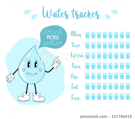 Weekly water tracker with cartoon drop of water, stay hydrated concept, vector 101786018