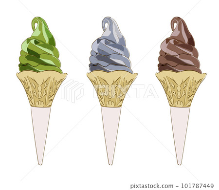 Soft cream cone vanilla, Green tea chocolate and charcoal flavor vector.  Ice cream soft serve isolated on white background in Japanese style. 101787449