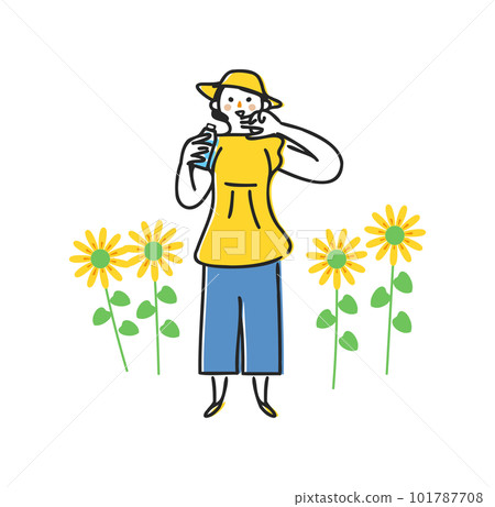 一個戴著帽子的女人用被向日葵包圍的塑料瓶補充水分插圖素材 101787708