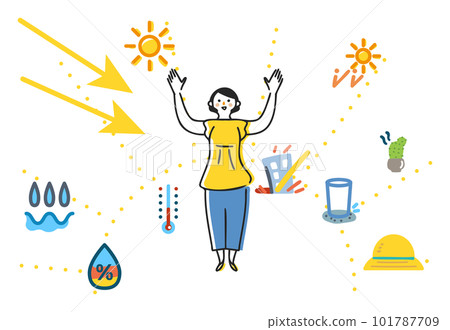 A smiling woman giving up her hands against the threat of UV rays illustration material 101787709