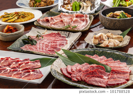 Tasty-looking meat piled up on a plate 101788528