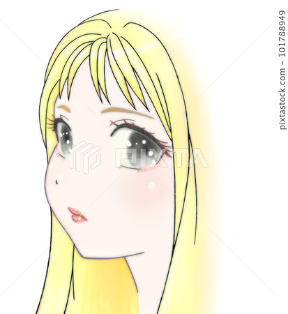 Color illustration of a cool looking girl with long hair Hair = gold Eyes = black 101788949