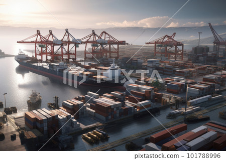 The impressive sight of a cargo ship in a busy harbor surrounded by colorful stacks of shipping containers a symbol of global trade. AI Generative. The impressive sight of a cargo ship in a busy harbor surrounded by colorful stacks of shipping containers a symbol of global trade. AI Generative. 101788996