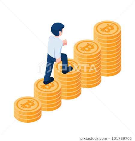 Isometric Businessman Walking Up on Growth Bitcoin Satck 101789705
