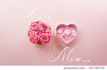 Happy mother's day and love decoration background concept made from hearts and rose on pastel pink background. Happy mother's day and love decoration background concept made from hearts and rose on pastel pink background. 101789758