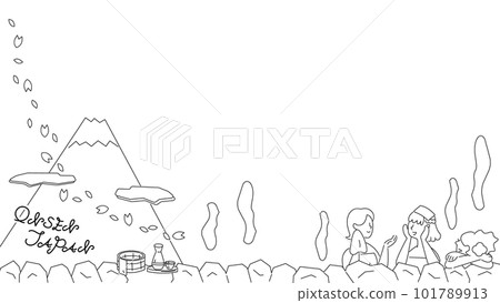 A frame of three women enjoying a hot spring trip in Japan (spring) (line drawing black and white) A frame of three women enjoying a hot spring trip in Japan (spring) (line drawing black and white) 101789913