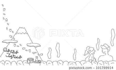 Frame of a couple enjoying a hot spring trip in Japan (spring) (line drawing black and white) 101789914