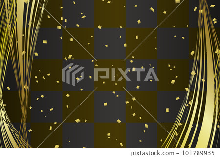 A black checkered background with golden confetti is decorated with gold curves that move like water and wind. A black checkered background with golden confetti is decorated with gold curves that move like water and wind. 101789935