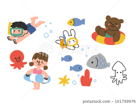 Illustration material of cute children swimming in the sea and bear and rabbit characters Illustration material of cute children swimming in the sea and bear and rabbit characters 101789976