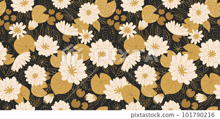 White lotus flowers seamless pattern. Cute golden water lily on black background. Floral japanese vector print White lotus flowers seamless pattern. Cute golden water lily on black background. Floral japanese vector print 101790216
