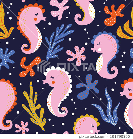 Colorful seamless pattern with funny seahorses, corals and algae. Background with cute inhabitants of the sea and ocean. Colorful seamless pattern with funny seahorses, corals and algae. Background with cute inhabitants of the sea and ocean. 101790590