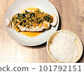 Steamed chicken with leek green onion sauce and rice 101792151