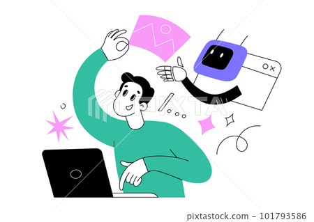 Ai generates an image for human, person types a prompt for Artificial intelligence bot to generate artwork, vector illustration 101793586