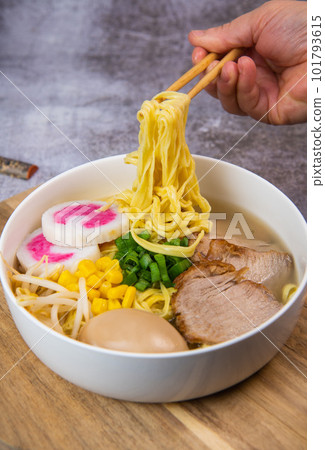 Fresh ramen noodles with garnish, pork tenderloin, eggs marinated in Mirin and soy sauce, bean 101793615