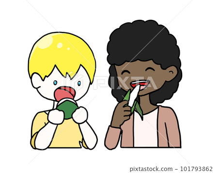 孩子們吃柏年糕和芝麻餅的插圖(黑人女孩和白人男孩) 孩子們吃柏年糕和芝麻餅的插圖(黑人女孩和白人男孩) 101793862