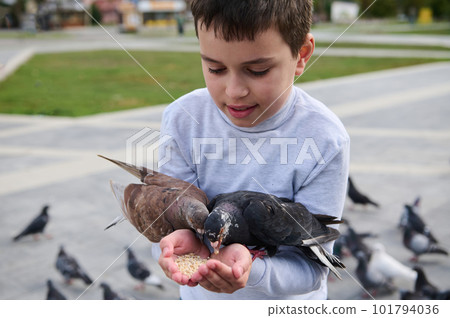 Close-up portrait of Caucasian adorable teen boy having fun during family outing, feeding birds from his hands in park square. The concept of kindness, walking with benefits, love and care for animals Close-up portrait of Caucasian adorable teen boy having fun during family outing, feeding birds from his hands in park square. The concept of kindness, walking with benefits, love and care for animals 101794036