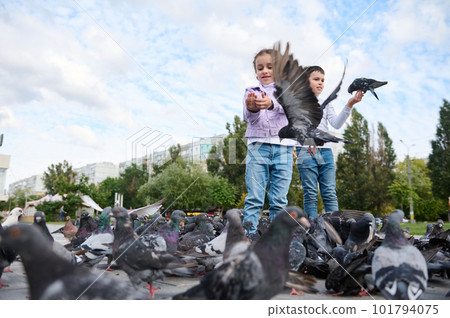 Adorable children boy and girl, feeding rock pigeons crowding the street with discarded food in the city square. The concept of happy carefree childhood and instilling love for nature and animals 101794075