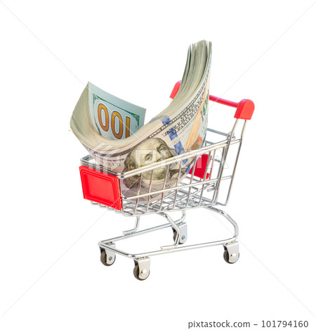 Dollar bill bancnotes 100 in shopping cart white background Dollar bill bancnotes 100 in shopping cart white background 101794160