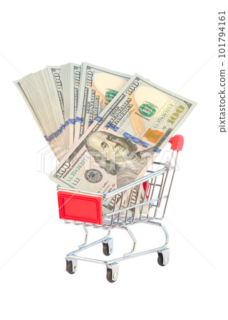Dollar bill bancnotes 100 in shopping cart white background 101794161