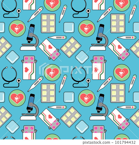 pattern with color medical elements of pills blisters, sthetoscope, microscope and medical sign 101794432