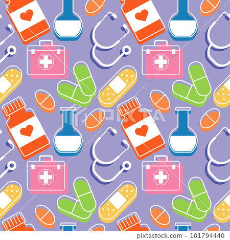 flat color medical pattern with elements of pills, bottle, sthetoscope, patch, health kit and laboratory flask 101794440