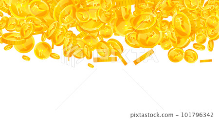 Indian rupee coins falling. Scattered gold INR coins. India money. Global financial crisis concept. Wide vector illustration. Indian rupee coins falling. Scattered gold INR coins. India money. Global financial crisis concept. Wide vector illustration. 101796342