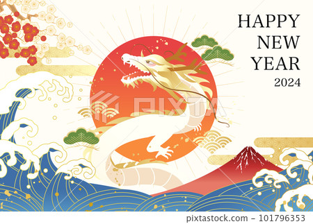 2024 年龍年第一日出、富士山和海浪的新年賀卡模板（矢量圖） 101796353