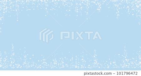 Magic falling snow christmas background. Subtle flying snow flakes and stars on light blue winter backdrop. Magic falling snow holiday scenery. Wide vector illustration. 101796472
